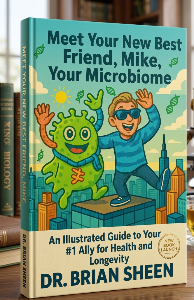 Meet Your New Best Friend Mike Your Microbiome book cover 3D render - An illustrated guide to health and longevity by Dr. Brian Sheen.