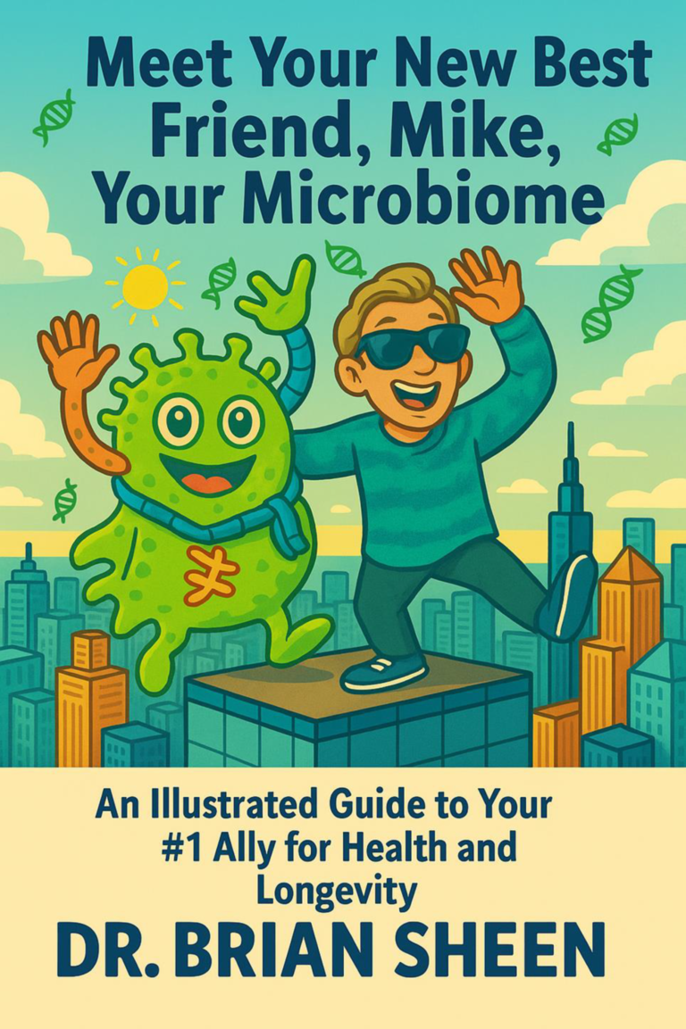 Meet Your New Best Friend Mike Your Microbiome book cover 3D render - An illustrated guide to health and longevity by Dr. Brian Sheen.